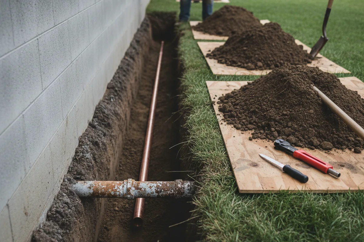 Excavated water line trench during Sewer Line Repair in Lake Forest